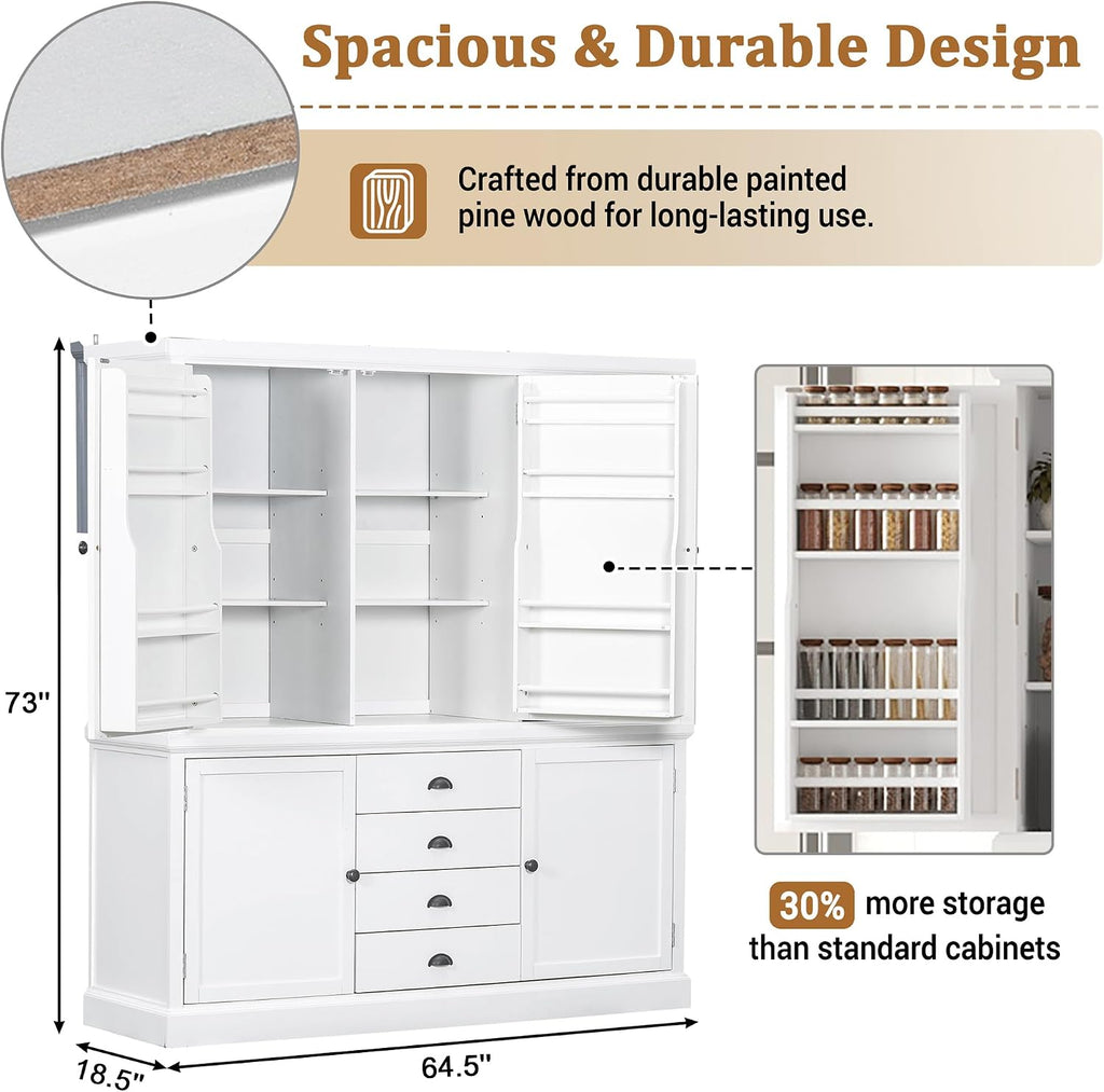 roomfitters Kitchen Pantry Organizers and Storage Kitchen Cabinet, Hutch with Microwave Stand, 4 Drawers, Spice Racks, White