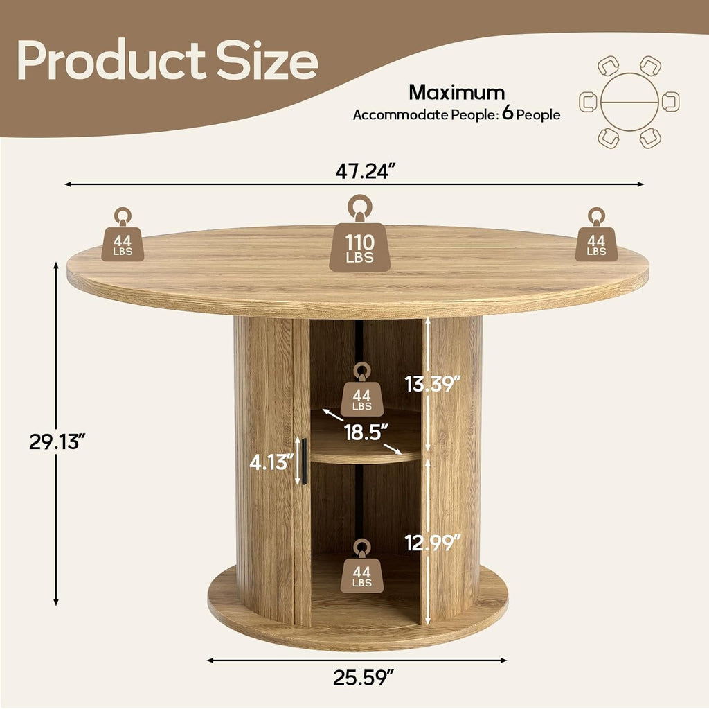 47" Round Dining Table for 4-6, Kitchen Table Dinner Table with 2-Layer Hidden Storage and Wood Slide Door,Space Saving for Small Spaces, Mid-Century Modern Circle Design(Oak Color)