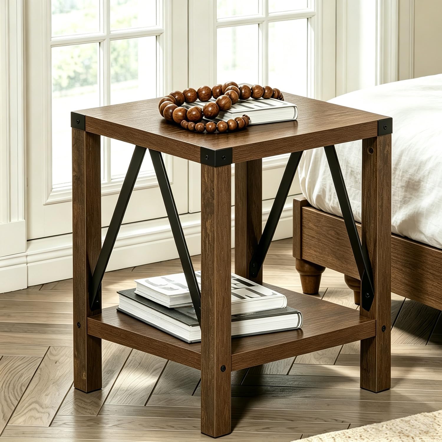 Brown Farmhouse Nightstand Set of 2, Rustic End Table with Barn Door and Shelf, Bedside Table