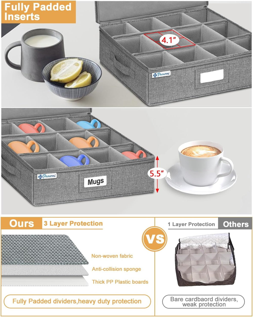 punemi Mug Storage Organizer w/Hard Shell Sides & Bottom, Padded Dividers, 2-Pack Stackable Coffee Mug Storage Boxes for Tea Cups, China Storage Containers for Packing & Moving