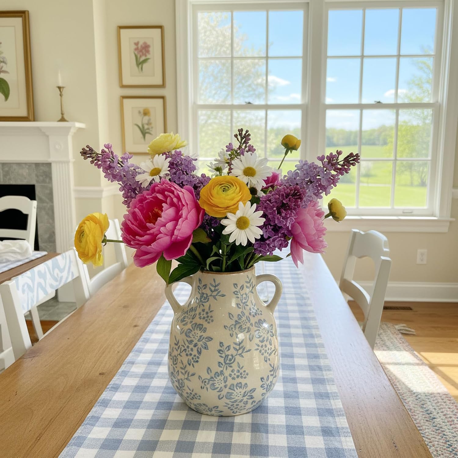 Ceramic Vase Vintage Flower Vase, Blue and White Chinoiserie Floral Decorative Vase, Rustic Retro Large Farmhouse Crackle Finish Vases with Handle for Flowers Home Decor Living Room, SoftBlue-02, 8.1”