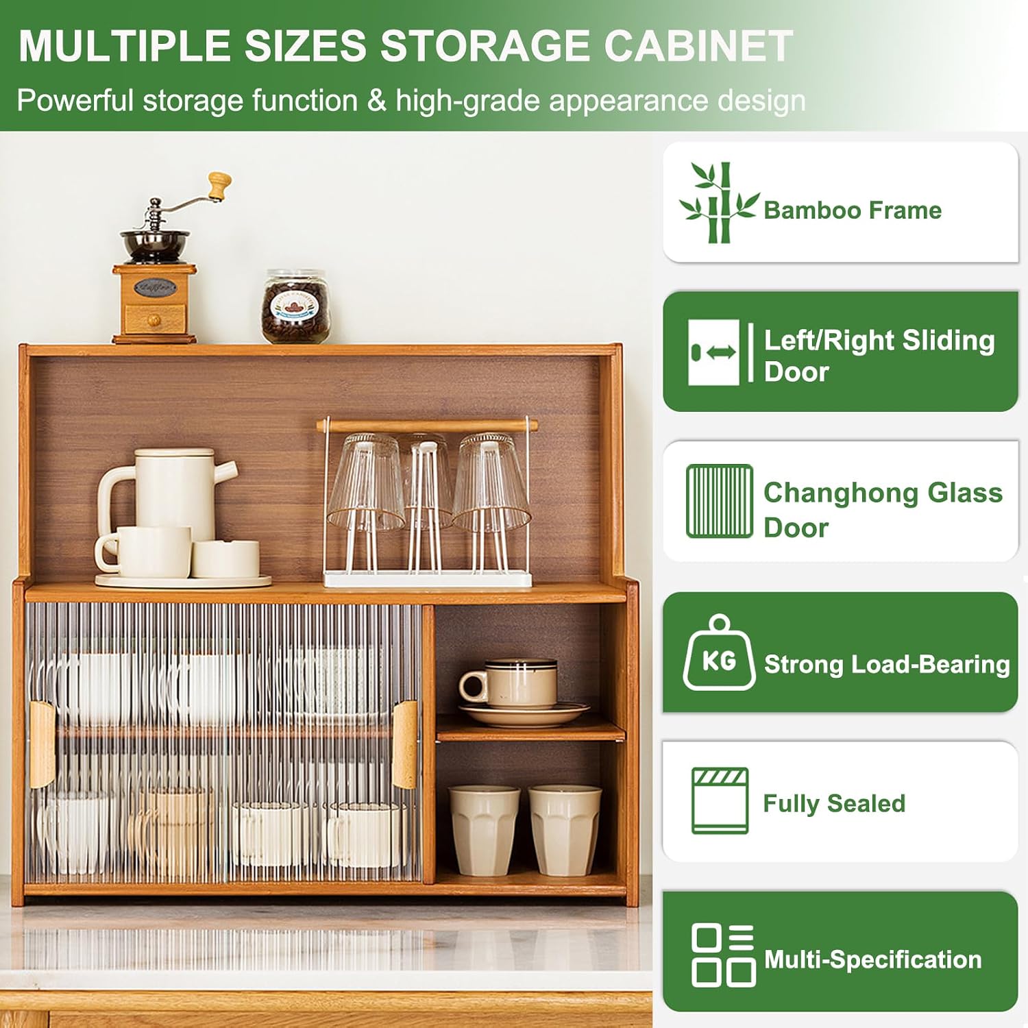 Modern Kitchen Storage Pantry Cabinet with Glass Doors & Adjustable Shelves Coffee Bar Microwave Stand Hutch Buffet Sideboard Living Room Cabinets Bakers Rack 24x26in