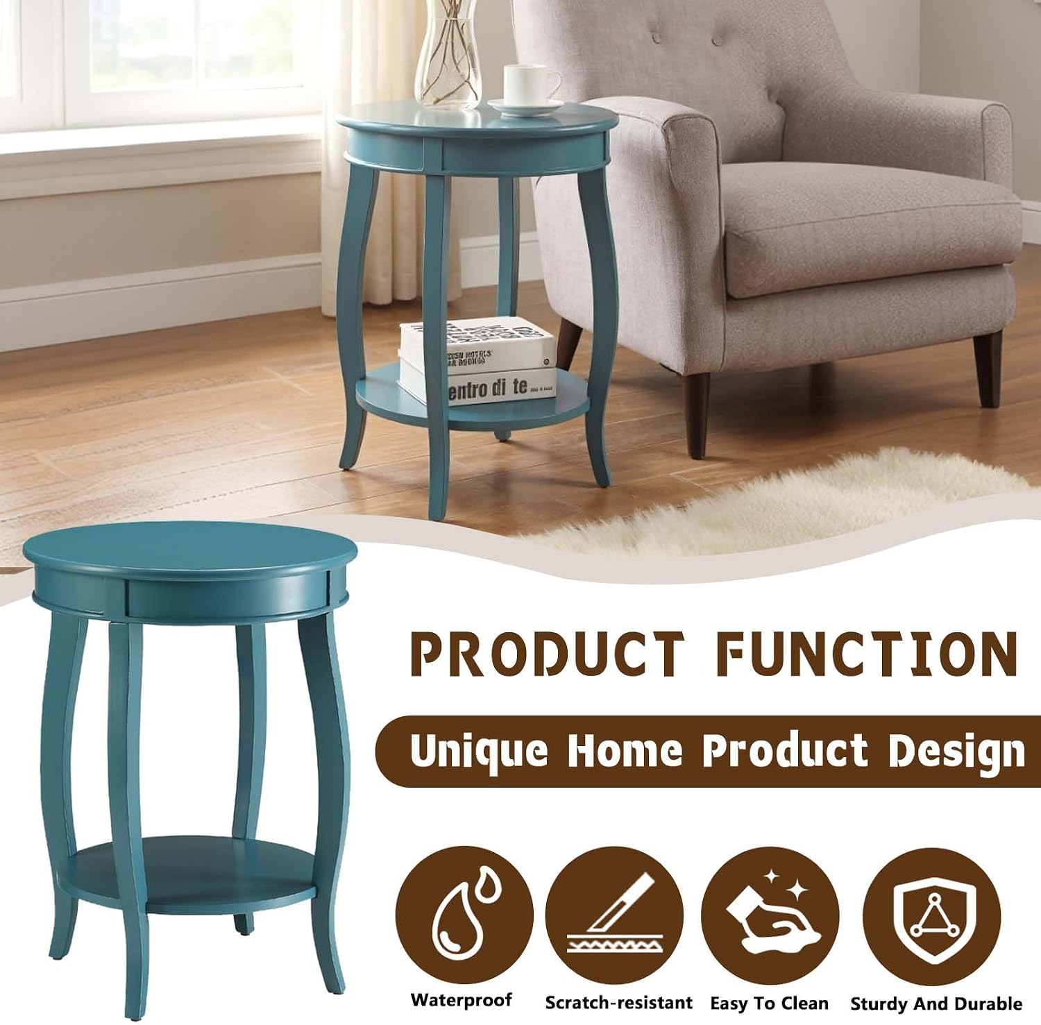 Small Accent Table with Storage, Round End Tables for Living Room, Wooden Circle Side Table for Small Spaces Bedroom Sofas Entryways, Easy to Assemble (Teal)