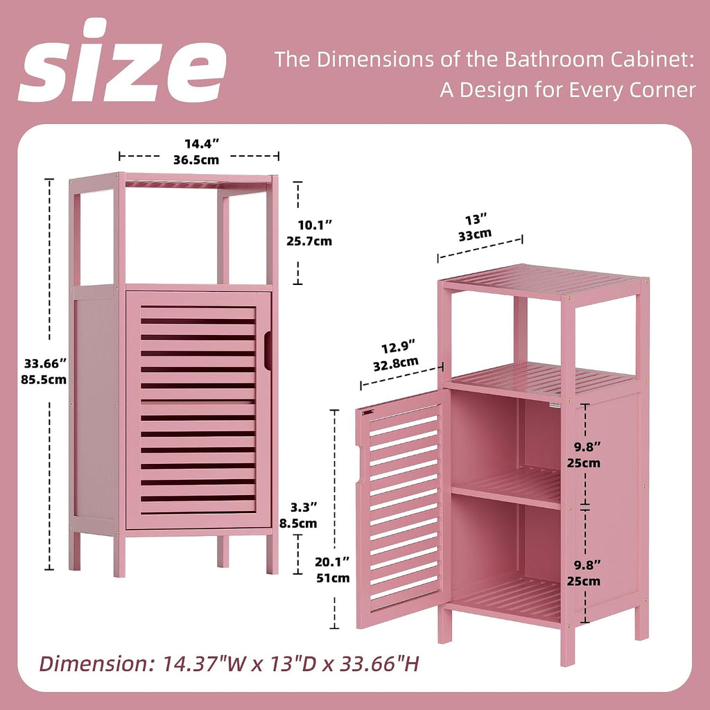 HITNET Small Bathroom Storage Cabinet, Bamboo Floor Cabinet Single Door, Freestanding Narrow Side Organizer for Living Room Hallway Entryway, Pink