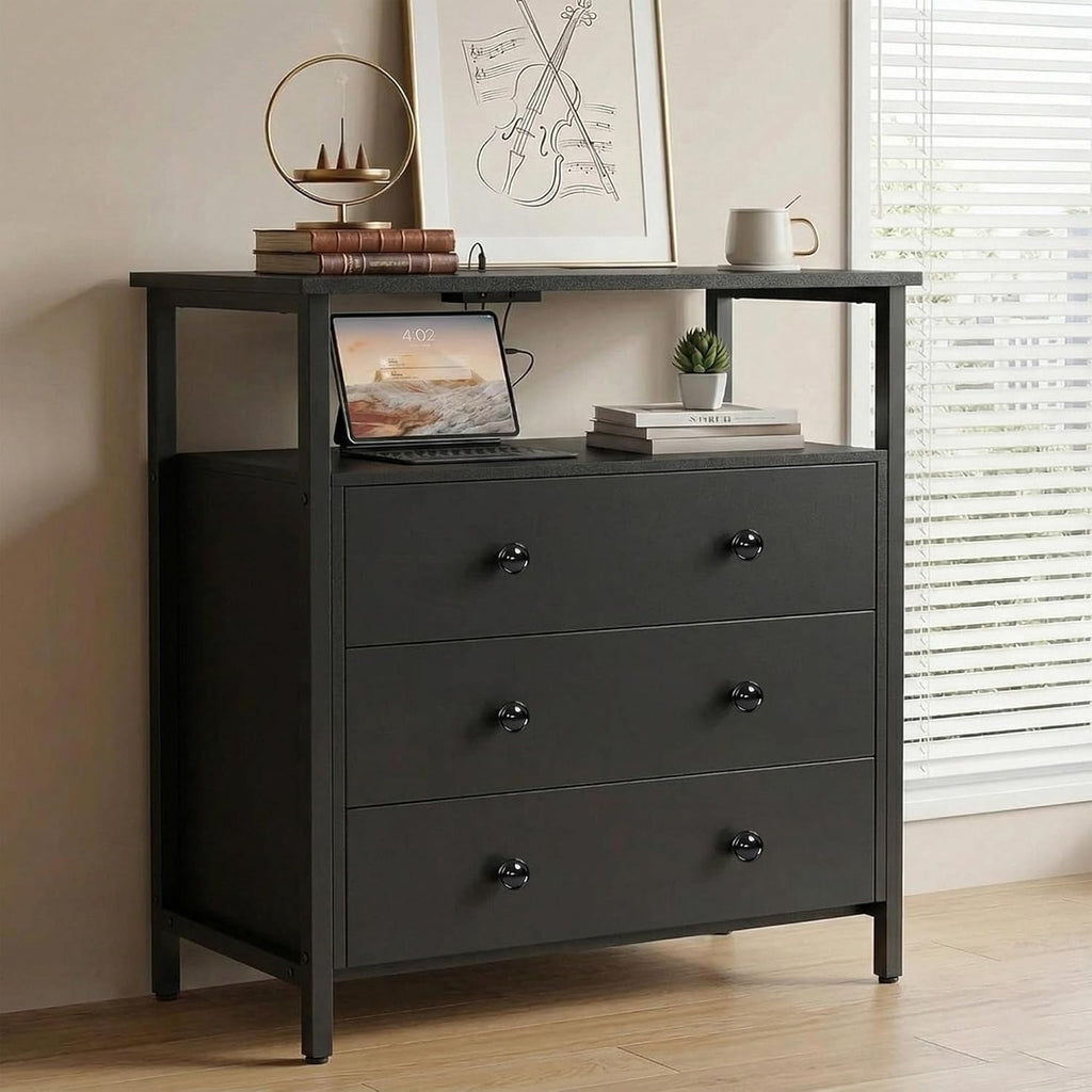 Edbuosy 27" Wide Nightstand with Charging Station & 3 Drawer, Black | Small Dresser for Closet, 2 AC Outlets & 2 USB Ports, Open Shelf, Adjustable Feet, Wood Nightstand for Living Room or Bedroom