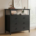 Edbuosy 27" Wide Nightstand with Charging Station & 3 Drawer, Black | Small Dresser for Closet, 2 AC Outlets & 2 USB Ports, Open Shelf, Adjustable Feet, Wood Nightstand for Living Room or Bedroom