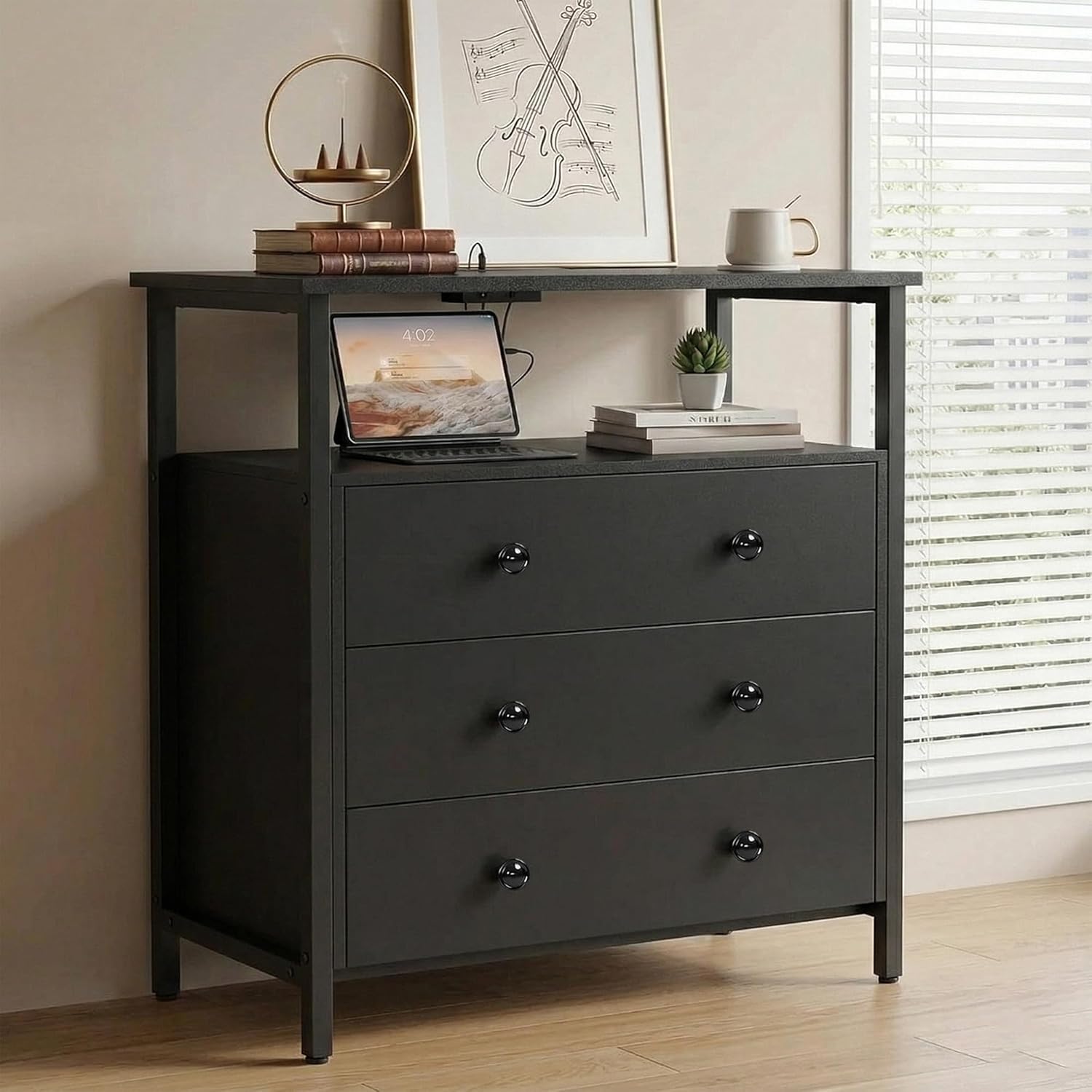 Edbuosy 27" Wide Nightstand with Charging Station & 3 Drawer, Black | Small Dresser for Closet, 2 AC Outlets & 2 USB Ports, Open Shelf, Adjustable Feet, Wood Nightstand for Living Room or Bedroom