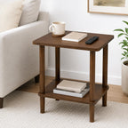 Solid Wood End Table, 2-Tier Side Table with Storage Shelf, Rubber Wood Nightstand for Living Room and Bedroom, Walnut Brown
