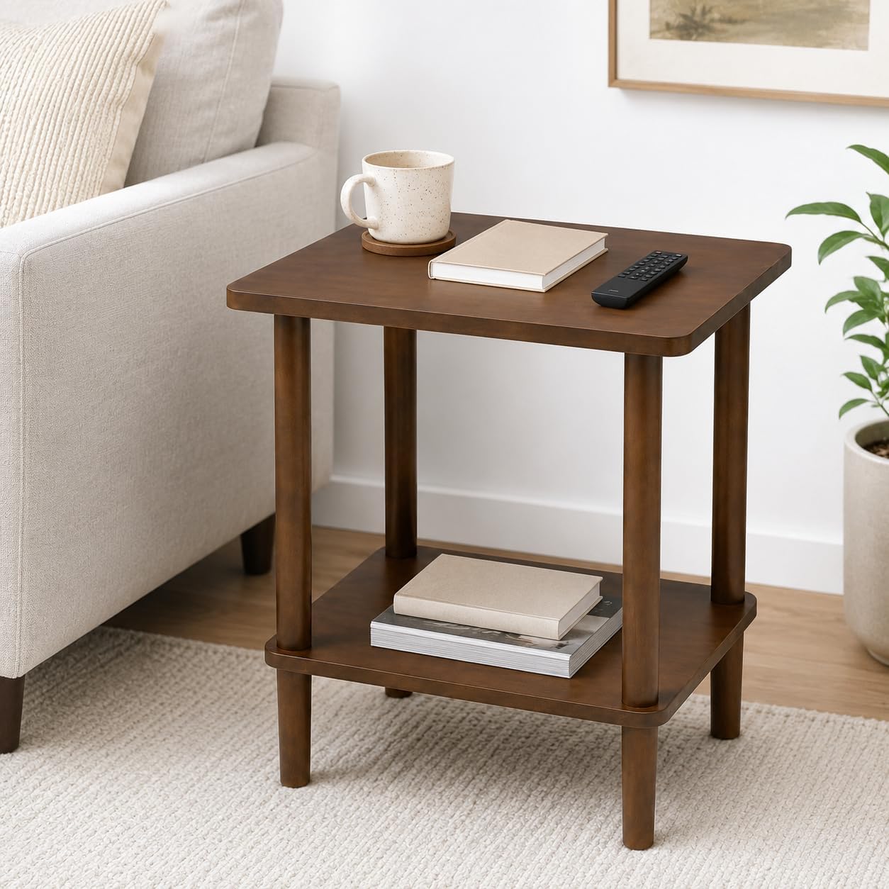 Solid Wood End Table, 2-Tier Side Table with Storage Shelf, Rubber Wood Nightstand for Living Room and Bedroom, Walnut Brown