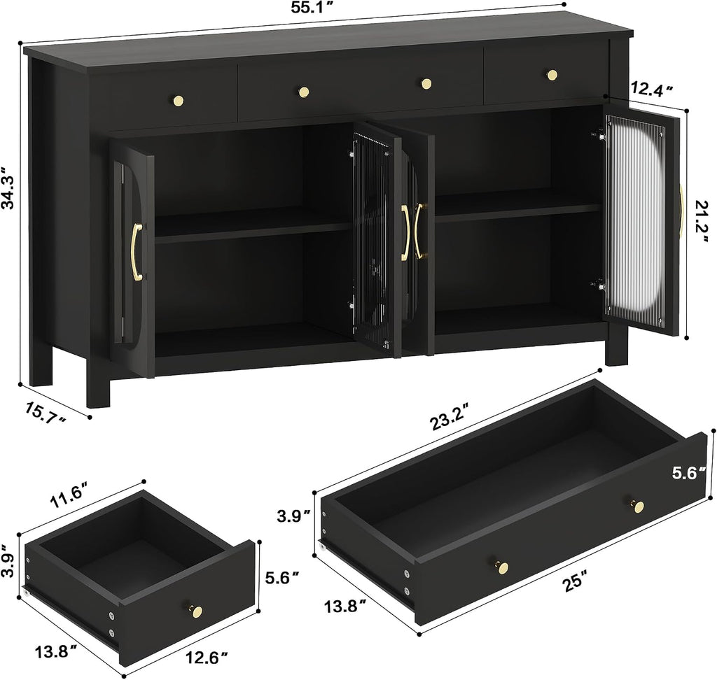 Sideboard Buffet Cabinet with Storage, 56" Buffet Table Coffee Bar Cabinet with Drawers and Glass Doors for Kitchen