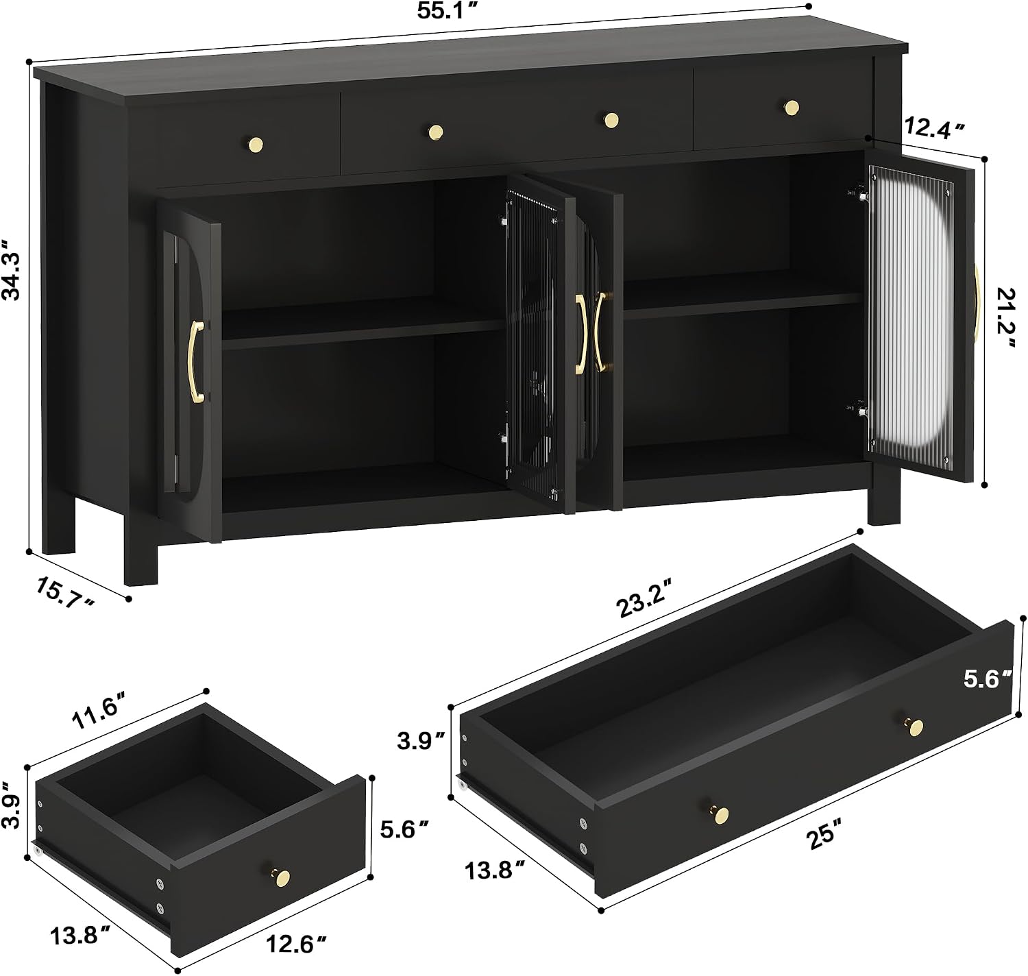 Sideboard Buffet Cabinet with Storage, 56" Buffet Table Coffee Bar Cabinet with Drawers and Glass Doors for Kitchen