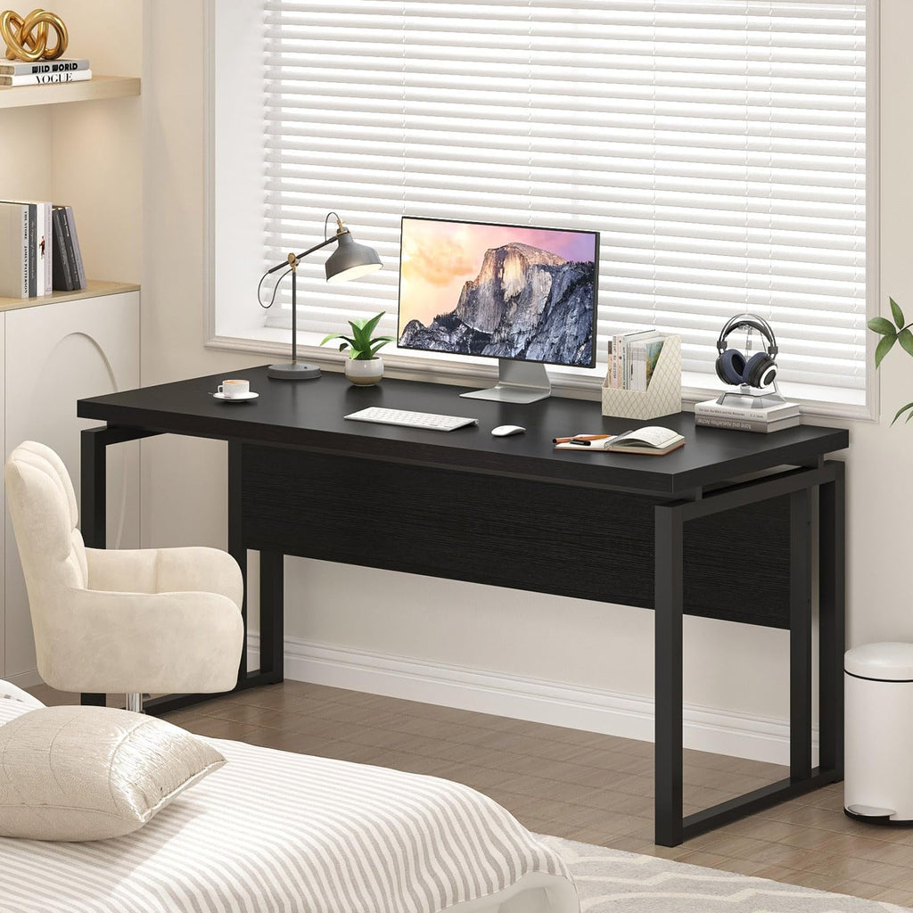 EXCEFUR Black Desk for Home Office, Modern Computer Desk, Wood and Metal Writing Study Table for Workstations, Living Room, Bedroom, 53 Inch