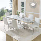 55" to 83" Extendable Dining Table with Blade Extension Plate, Modern Rectangular Table Seats 4-8, Ceramic Laminate Glass Top with Chrome Legs for Kitchen Dining Room