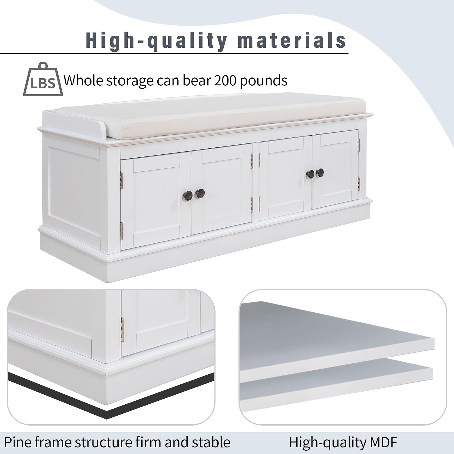 SOFTSEA 42.7" Shoe Bench with Padded Seat Cushion, 2-Tier Entryway Bench with 4 White Doors and Adjustable Shelves, Shoe Cabinet for Entryway, Bedroom, Living Room, White