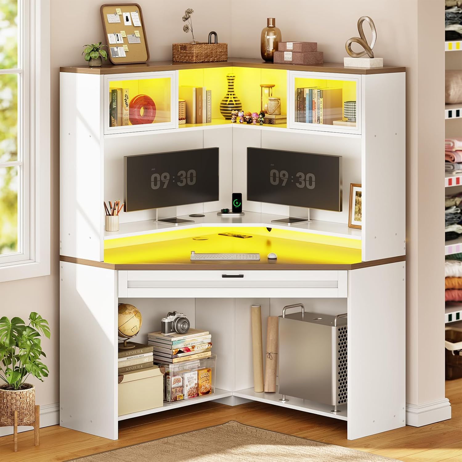 SEDETA 31.5" Corner Desk with Drawers, Small Office Computer Desk with Storage Shelves & Hutch for Small Space, Gaming Desk with LED Lights & Power Strip for Home Office, White + Brown
