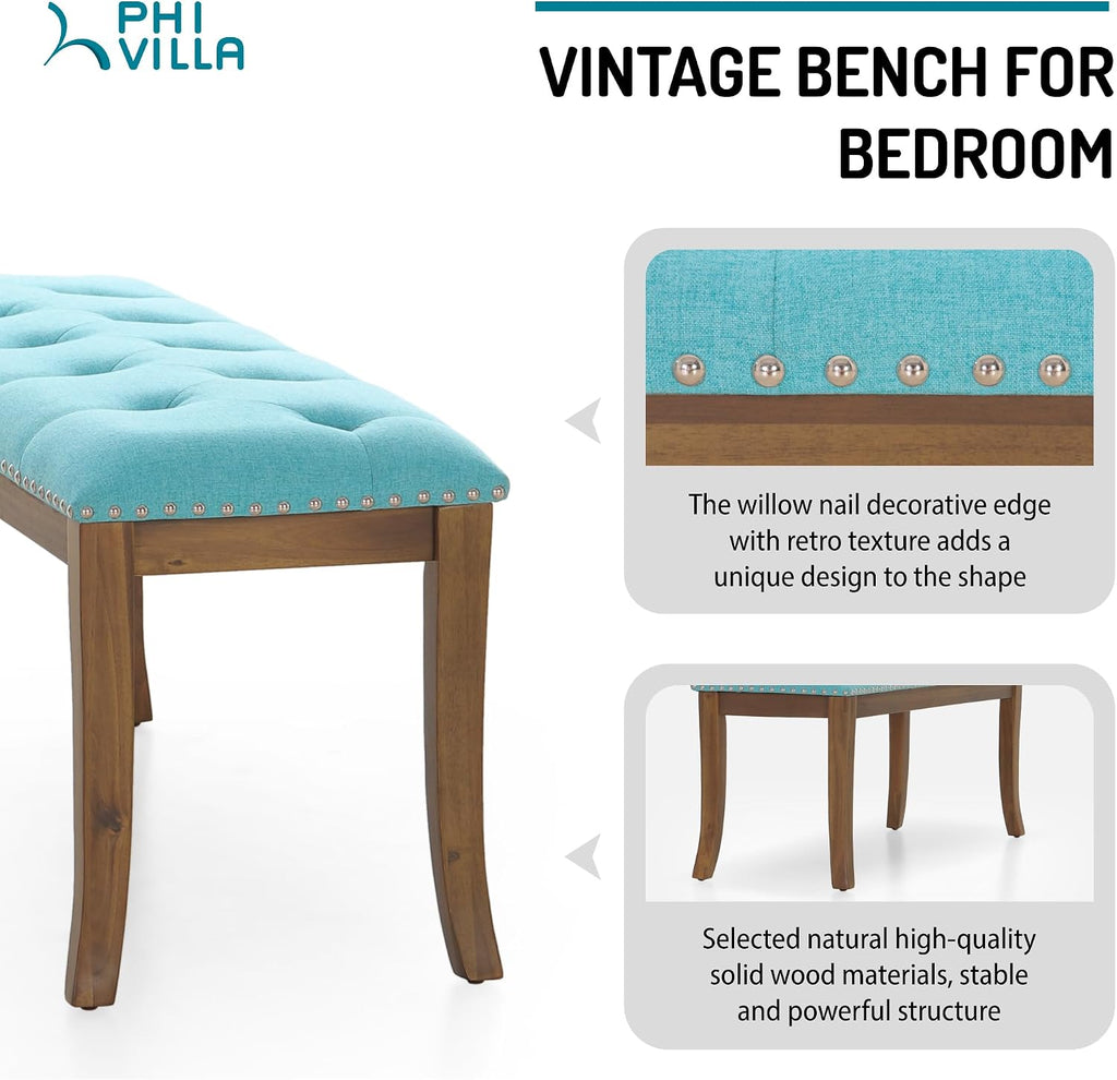 PHI VILLA Bench for Bedroom End of Bed - Dining Bench with Sturdy Wood Legs, Extra-Long Upholstered Tufted Bed Bench Seat, Farmhouse Entryway Bench