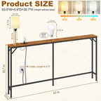 keomaisyto 63 Inch Narrow Console Table with 3-Color Adjustable Light and Charging Station, Sofa Table Behind Couch with 2 AC Outlets USB & Type-C Port, Extra Long Entryway Table, Rustic Brown