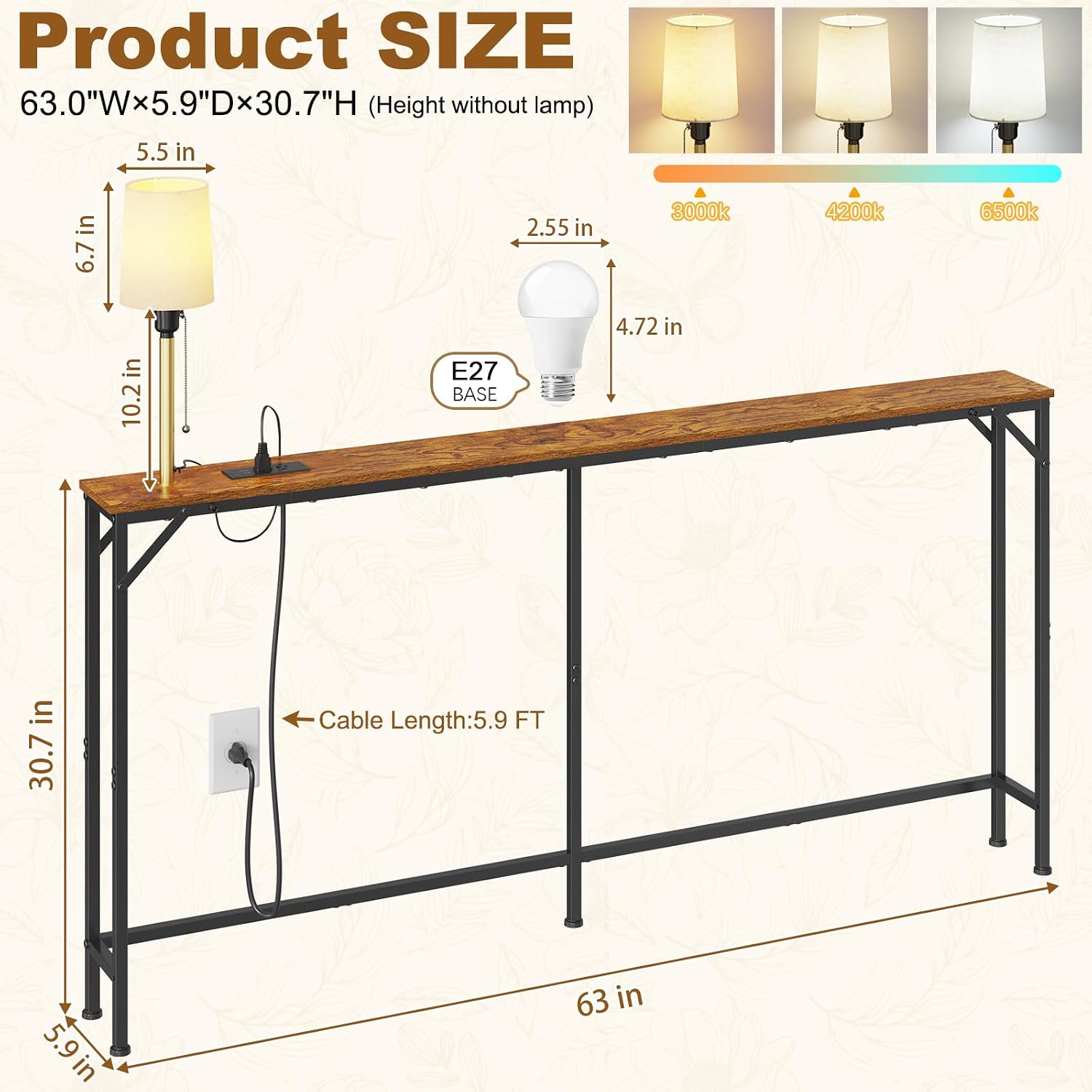 keomaisyto 63 Inch Narrow Console Table with 3-Color Adjustable Light and Charging Station, Sofa Table Behind Couch with 2 AC Outlets USB & Type-C Port, Extra Long Entryway Table, Rustic Brown
