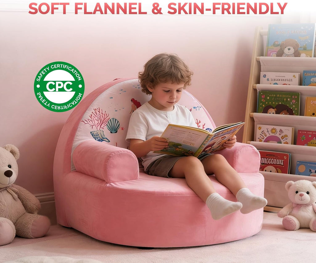 Snuggly Toddler Chair, Soft Kids Sofa with Back, Cozy Kids Couch Comfy for Toddlers 1-3, Plush Child Seat with Carry Handle, Kids Furniture Gift for Girls & Boys (Pink Mermaid)
