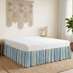 Vintage Blue Teal Striped Bed Skirt Queen Size 16 Inch Drop, Wrap Around Bed Skirts, Farmhouse Stripes Retro Art Elastic Bedskirt Pleated Bed Frame Cover Luxurious Dust Ruffle for Queen Bed