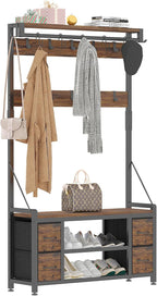 39" Hall Tree with Storage Coat Rack freestanding Entryway Furniture Bench, 5 in 1 Design Front Door Shoe Rack and Wall Rack Hooks, and 4 Drawers (Rustic Brown)