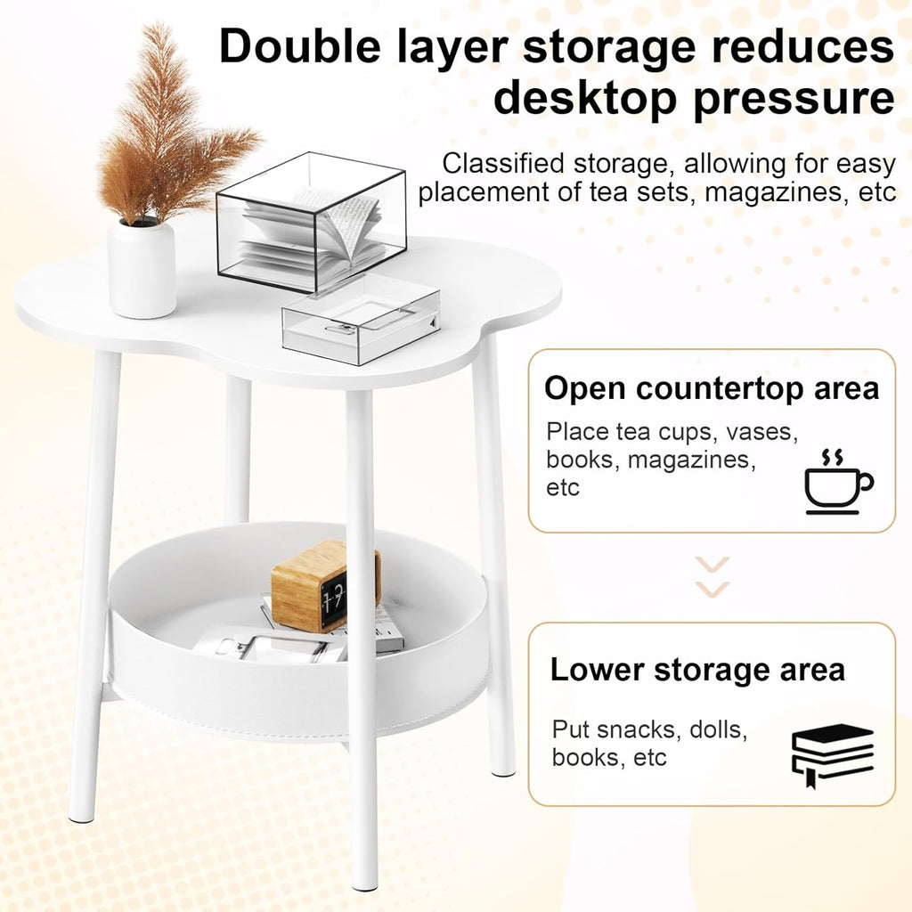 Small Coffee Table, 2 Tier Flower Shaped Desktop Accent Table, Modern Couch Bedside End Tables, Nightstand for Bedroom or Living Room, Small Spaces Display Side Tables White