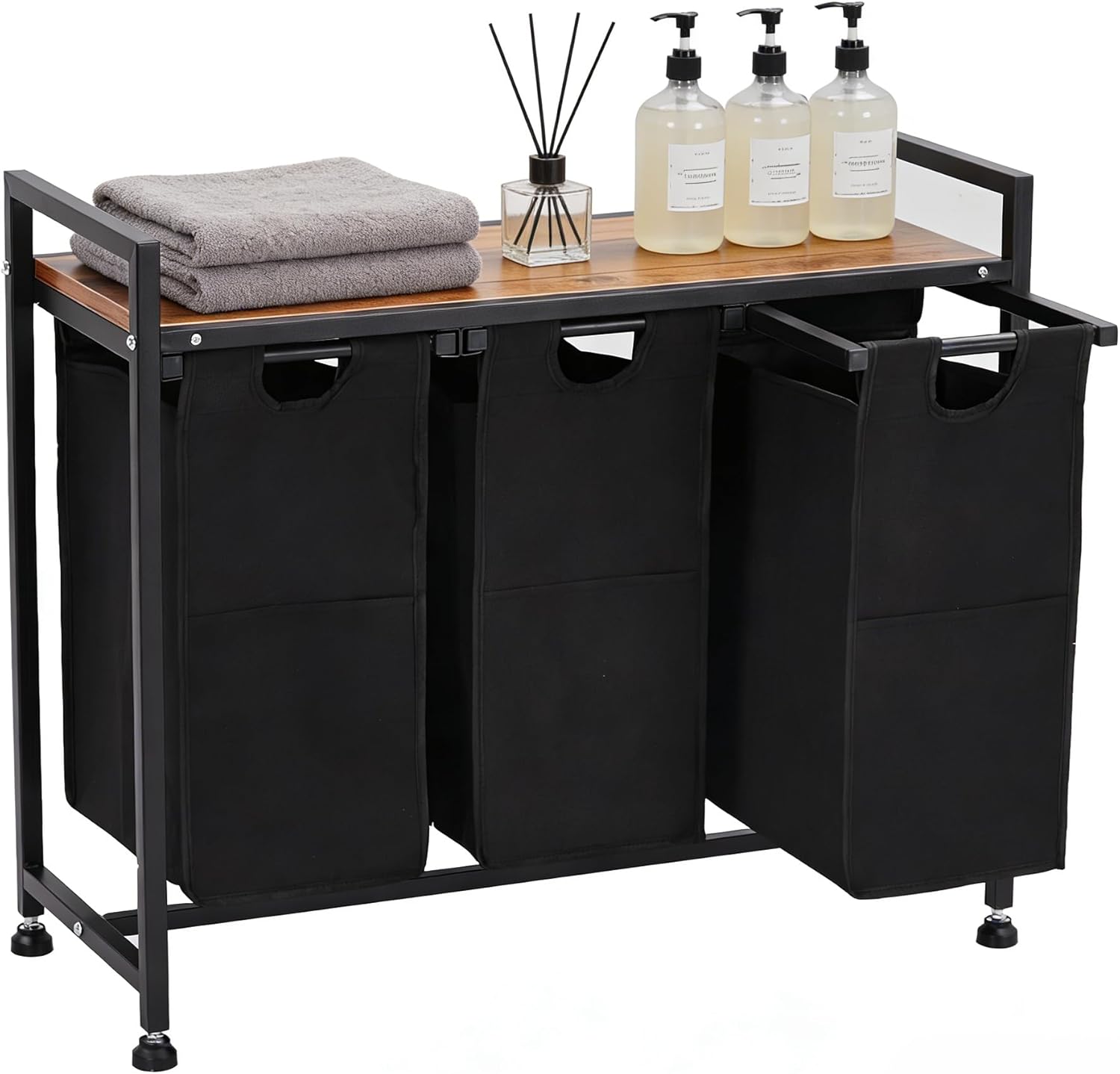 Laundry Sorter 3 Section, Laundry Hamper with Shelf and 3 Pull-Out Removable Bags, Large Capacity Clothes Basket with Metal Frame for Laundry Room Bathroom Apartment, 3 x 11.5 Gallons
