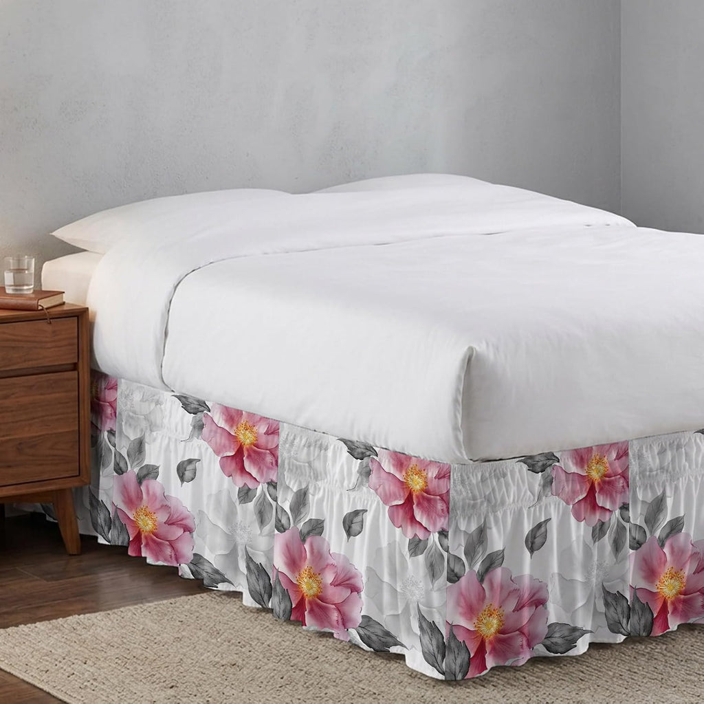 Pink Grey Floral Bed Skirt Cal King Size 16 Inch Drop, Adjustable & Elastic Wrap Around Bed Skirts Pleated Dust Ruffles for Twin Full Queen Cal King Base Bed, Botanical Leaves Spring Chic Flower