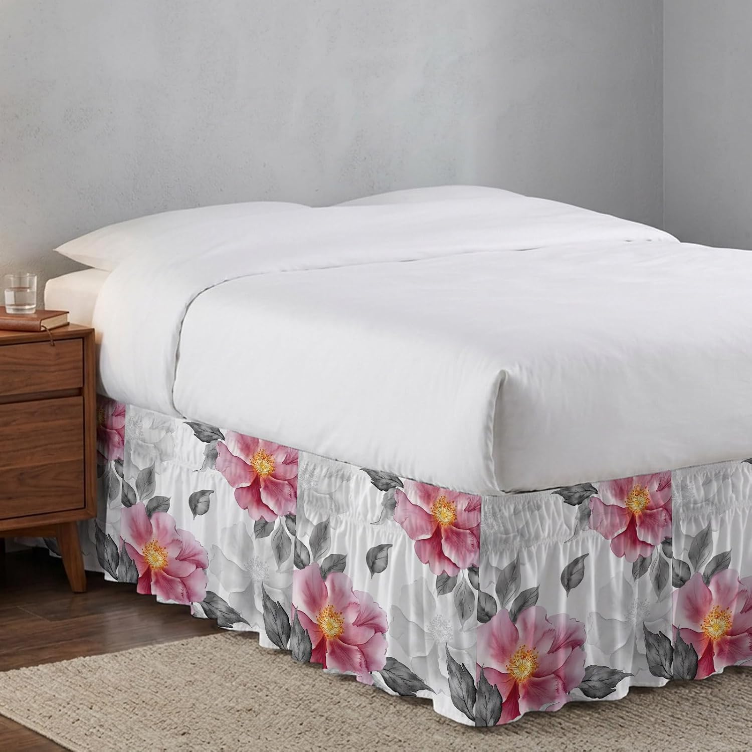 Pink Grey Floral Bed Skirt Cal King Size 16 Inch Drop, Adjustable & Elastic Wrap Around Bed Skirts Pleated Dust Ruffles for Twin Full Queen Cal King Base Bed, Botanical Leaves Spring Chic Flower