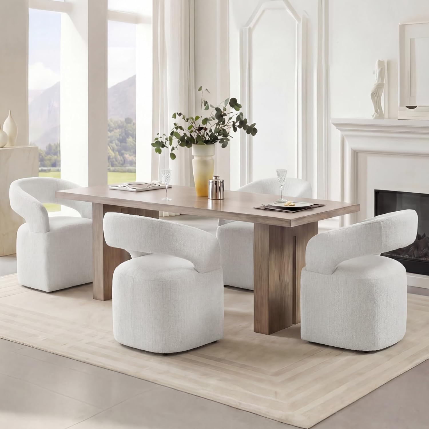 KISLOT Upholstered Dining Chairs Set of 2, Modern Arm Kitchen & Dining Room Chairs with Hidden Casters, Linen Fabric Padded Rolling Chairs, Sturdy Wood Frame, 300 lbs Capacity, Light Linen
