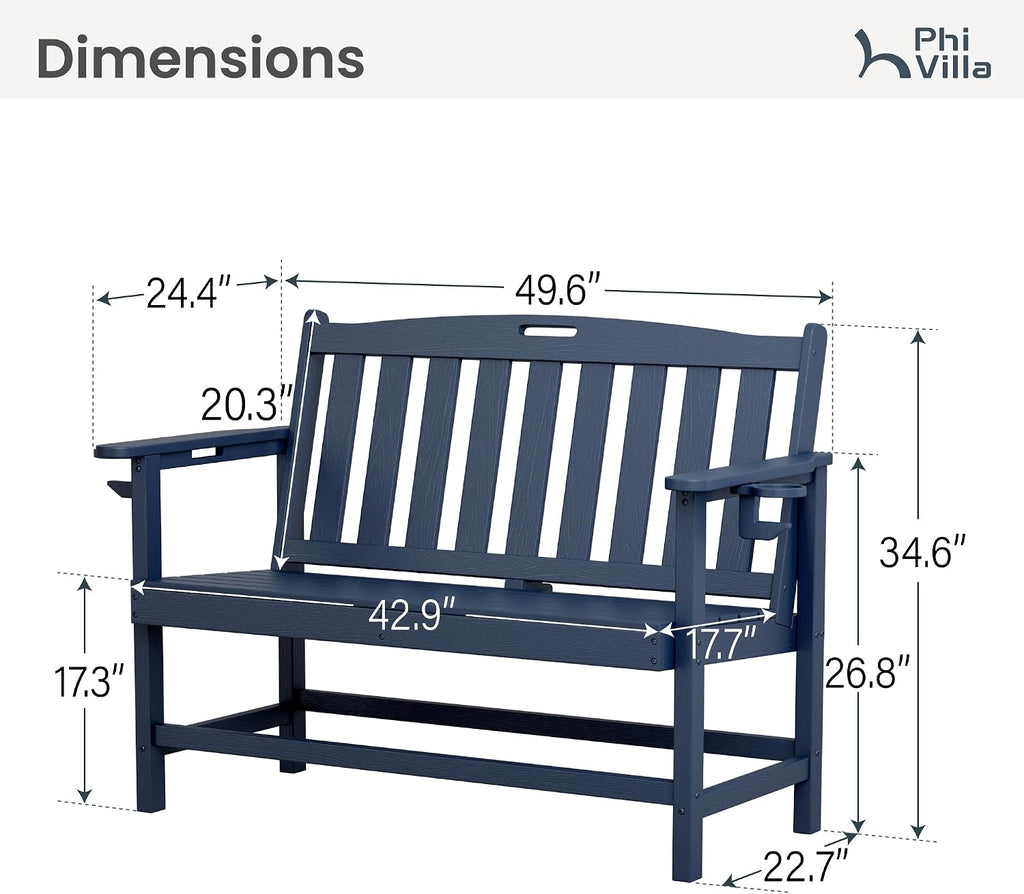 PHI VILLA 50 Inches HDPE Outdoor Bench Weatherproof Garden Bench with 700 lbs Capacity, 2-Person Patio Benches for Outside, Park, Yard and Porch, Navy Blue