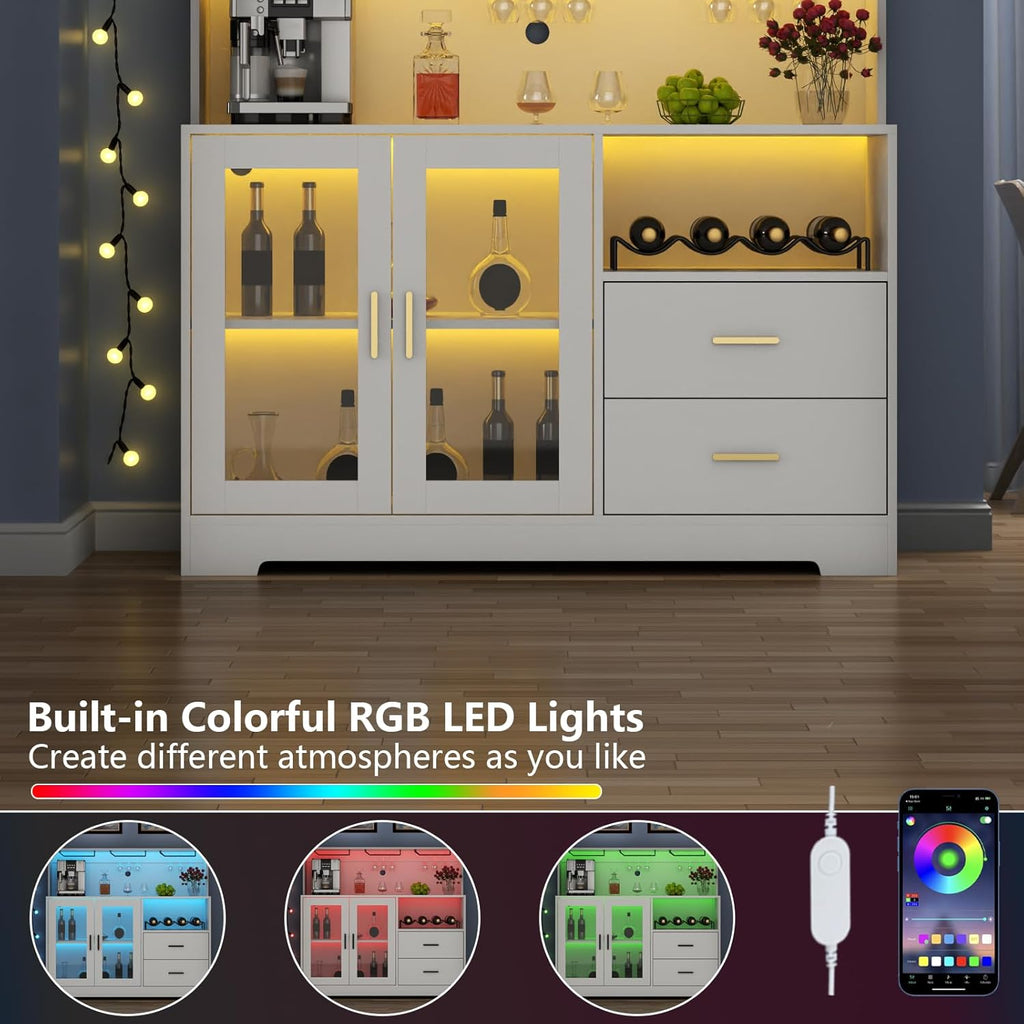 Bar Cabinet for Home with LED Light, Coffee Bar Cabinet with Wine & Glass Rack, Wine Cabinets with Storage Cabinet &Drawers, Modern Liquor Cabinets for Kitchen, Living Room, Dining Room (White)