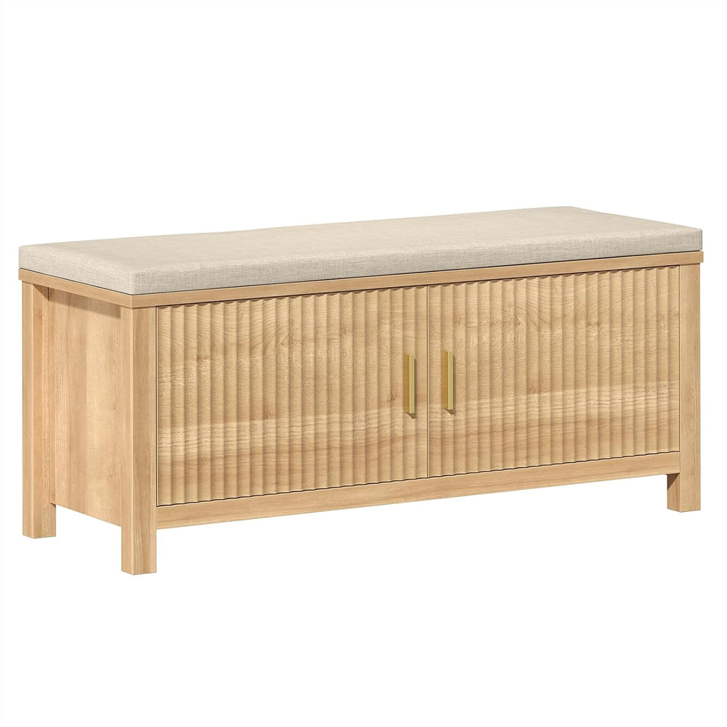 39.4" Shoe Storage Bench with Seating Cushion, Fluted 2-Tier Entryway Bench with 2 Doors & Adjustable Shelves, Shoe Cabinet Bench for Entryway, Bedroom, Hallway, and Living Room