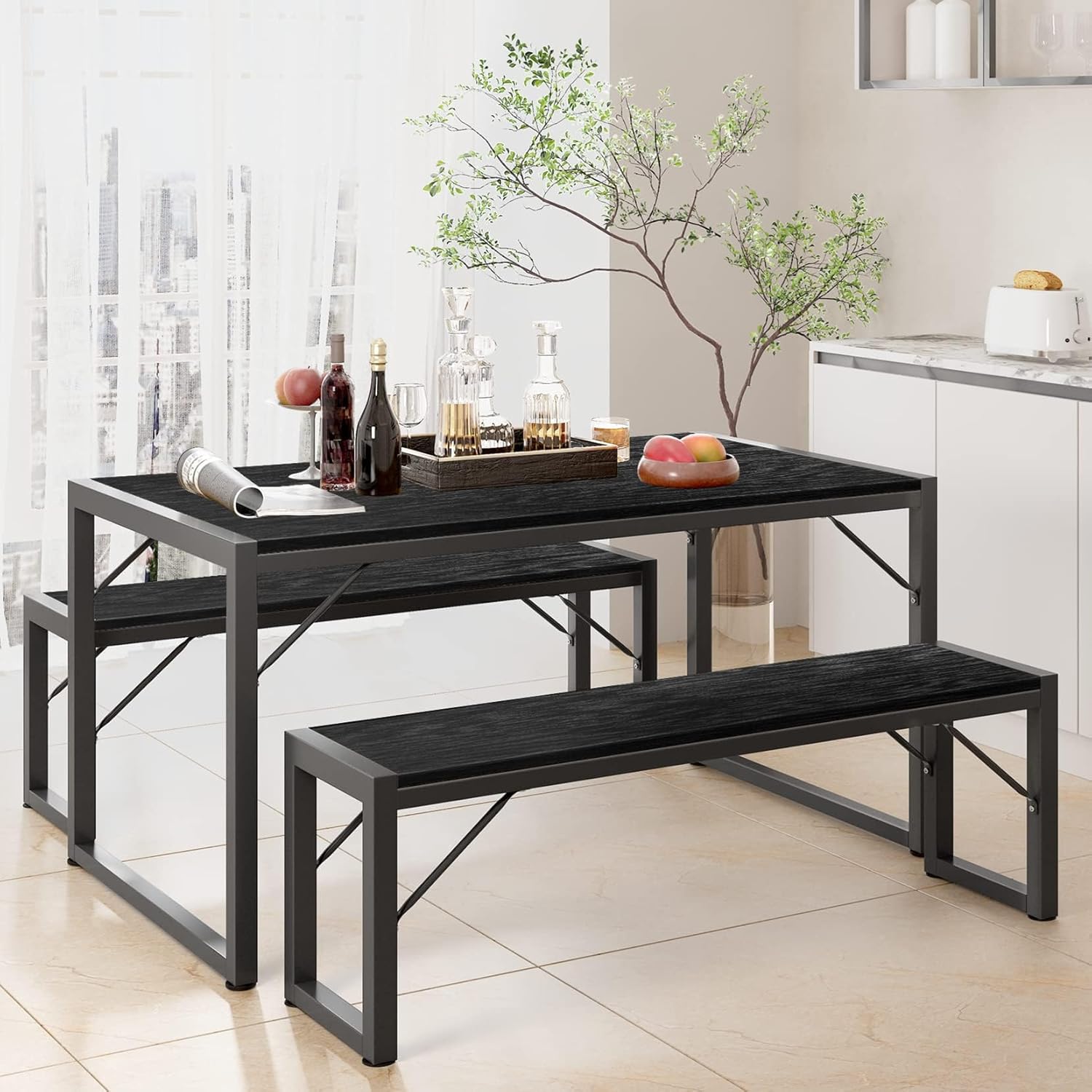 Gizoon 45.5" Dining Table Set for 4 with 2 Benches, Kitchen Table Set with Metal Frame & MDF Board, Space-Saving Dinette for Kitchen, Dining Room -Black