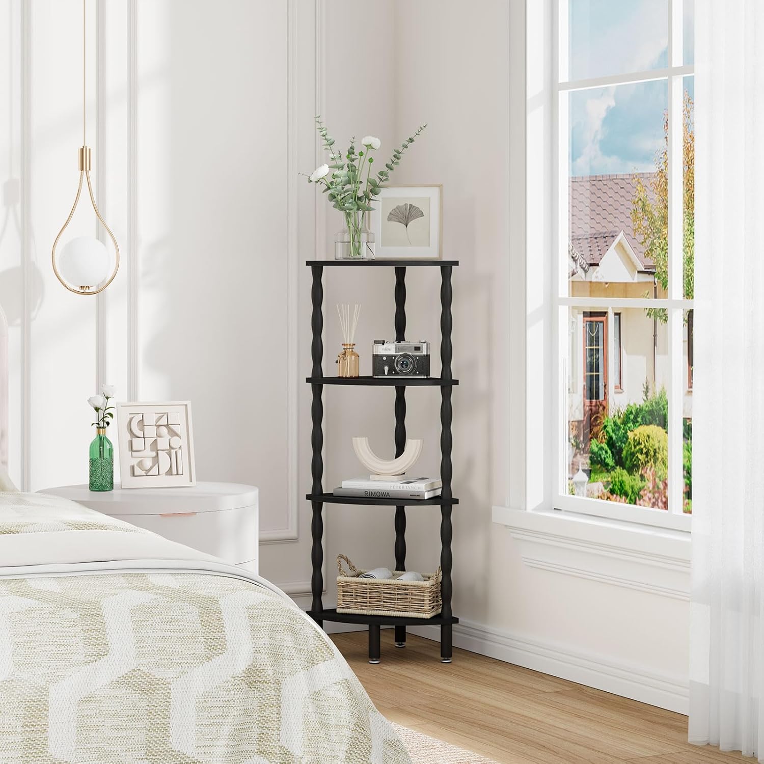 IBUYKE 4-Tier Corner Shelf,Stylish Corner Bookshelf for Small Spaces,Industrial Corner Storage Display Shelves,Small Corner Table for Bedroom,Bathroom,Kitchen, Black WBC019B