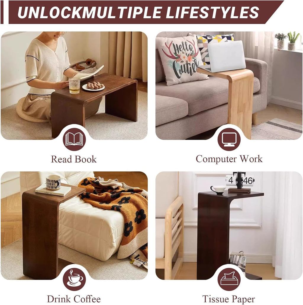 C-Shaped End Table Solid Wood Sofa Side Table for Living Room,Small,Modern,Bedside Accent Table,Mobile,Coffee Table,Bedroom,Nightstand(69cm/27.2″, Black 1)