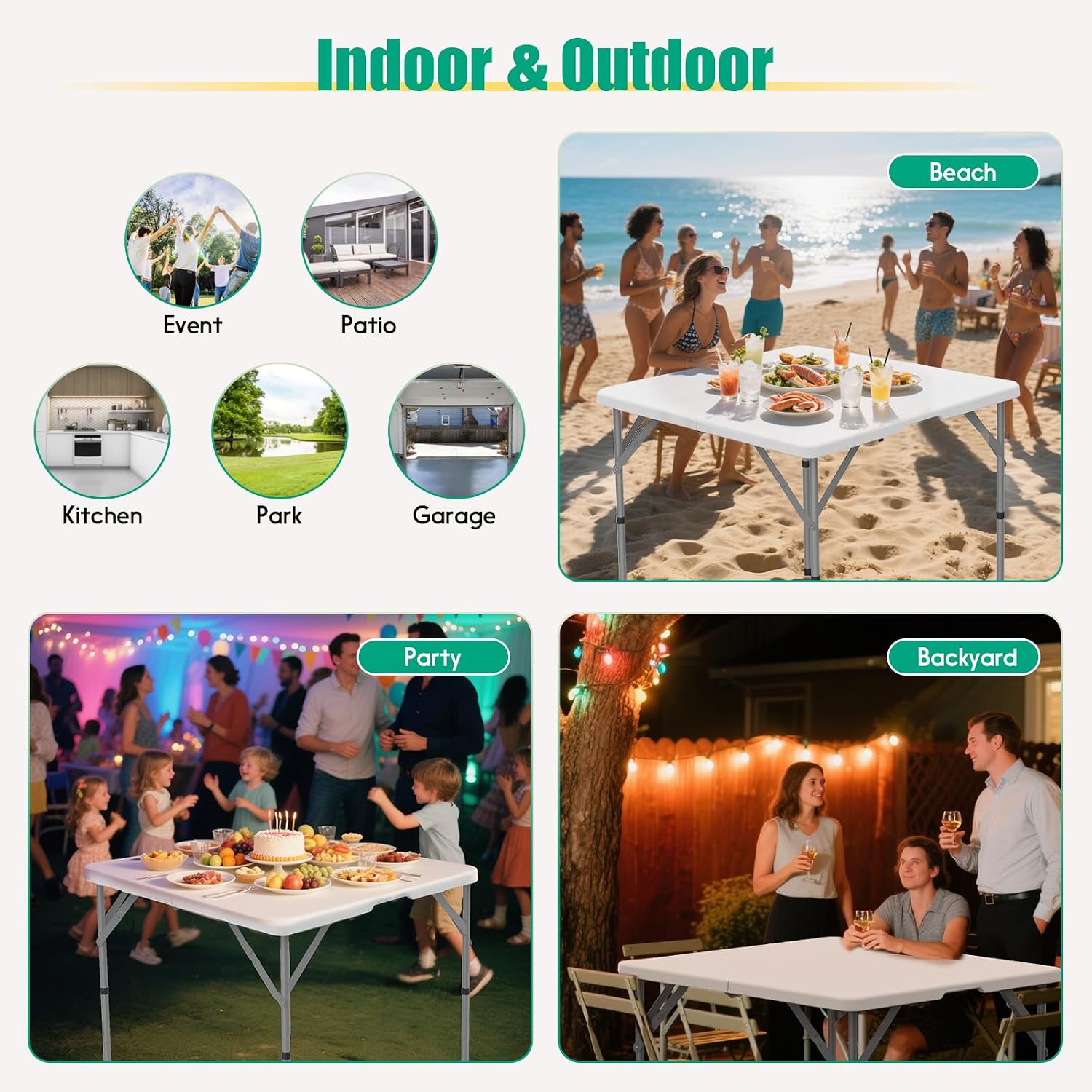 HLPB 34'' Square Folding Card Table 2 Pcs, Fold-in-Half Portable Dining Table with Handle and Safety Lock, Foldable Plastic Dining Table Indoor Outdoor for Camping, Picnic and Party Event, White