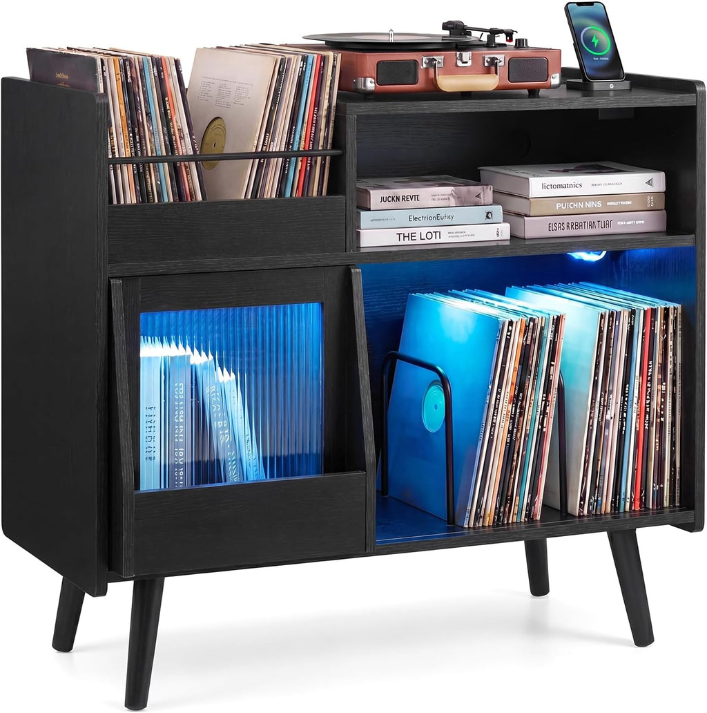 Giantex Large Record Player Stand with LED Light, Mid Century Modern Turntable Stand w/Sliding Door, Charging Station & Plastic Leg, Record Player Table, Vinyl Record Storage for Living Room (Black)