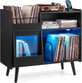 Giantex Large Record Player Stand with LED Light, Mid Century Modern Turntable Stand w/Sliding Door, Charging Station & Plastic Leg, Record Player Table, Vinyl Record Storage for Living Room (Black)