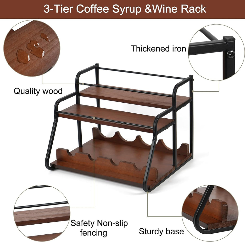 Liquor Bottle Display Shelf, Coffee Syrup Rack Organizer,Syrup Bottle Holder Stand, 3-Tier Syrup Rack for Countertop or Tabletop Decor,Storage Countertop Shelf for Kitchen Coffee Station