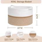 CHICVITA XXL Extra Large Blanket Basket, Cotton Rope Storage Basket for Organizing, Home Decor Woven Basket for Laundry Baby Nursery Decorative Toy Bin, White and Brown, 22" x 22" x 14"