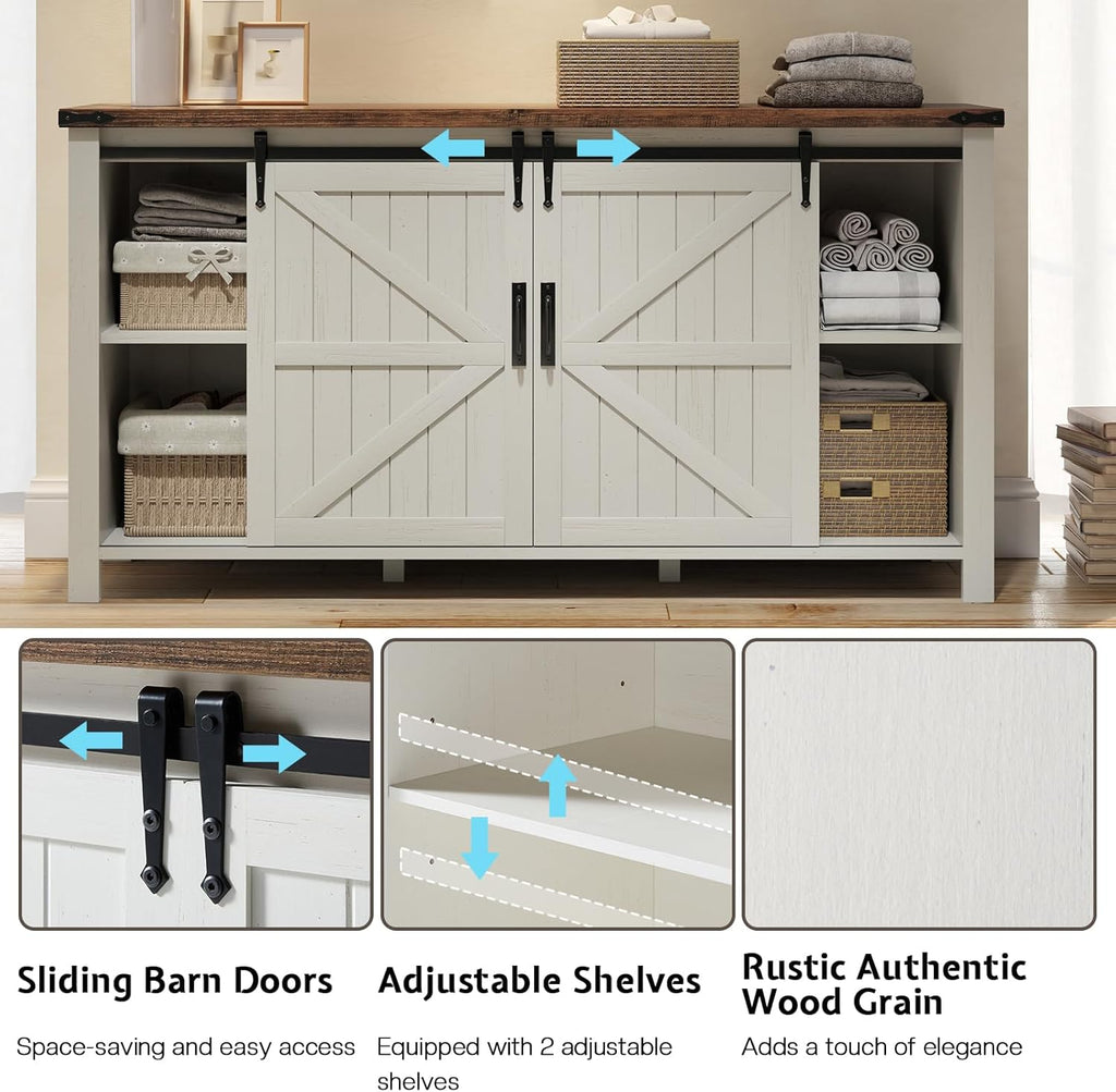 LUXOAK 60" Sideboard Buffet Cabinet with Storage Drawers for Kitchen, Dining Room, Rustic White