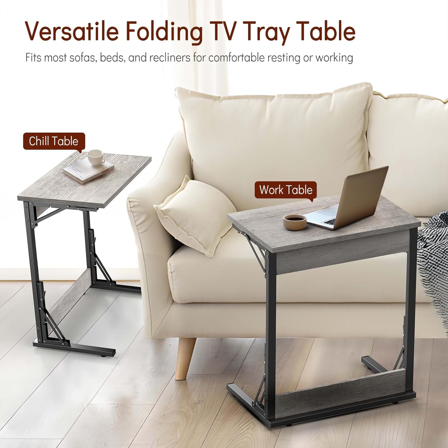 Tatub 24" TV Tray Table Set of 4, Folding C Shaped End Table, Small Sofa Side Laptop Desk for Living Room, Bedroom, Ivory White