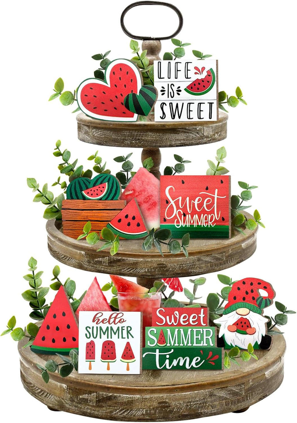 Summer Tiered Tray Decor, Farmhouse Watermelon Tray Decorations, Hello Summer Sweet Watermelon Gnome Wooden Signs, Rustic Summer Home Decor for Table Mantel Office Holiday Party