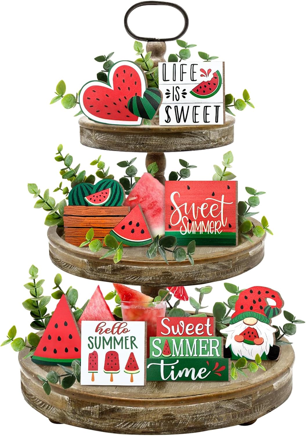 Summer Tiered Tray Decor, Farmhouse Watermelon Tray Decorations, Hello Summer Sweet Watermelon Gnome Wooden Signs, Rustic Summer Home Decor for Table Mantel Office Holiday Party