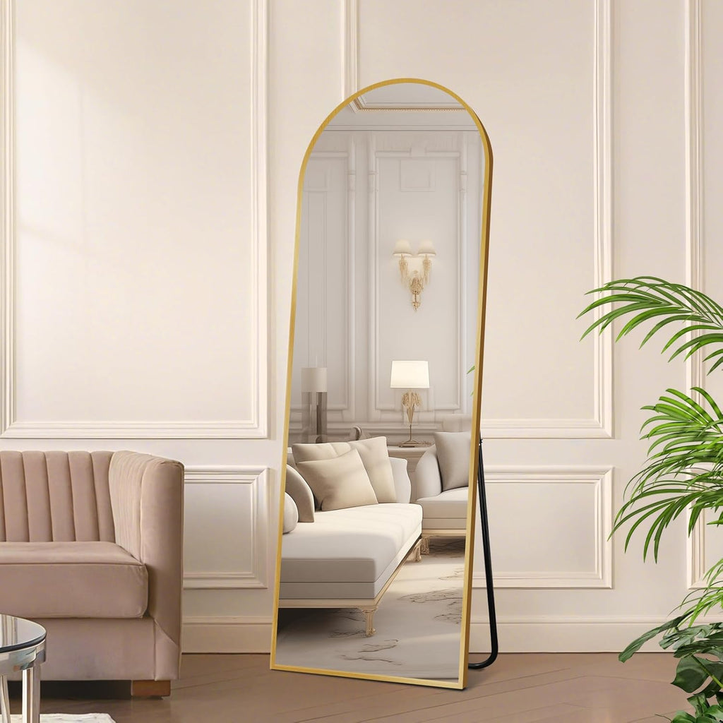 57"x19" Full Length Mirror, Arched Full Body Standing Mirror, Leaner Floor Mirror, Anti-Shatter Glass & Thin Alloy Frame, for Bedroom Living Room Entryway, Gold