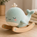 Juju Rocking Whale Soft Velour Rocker – Mint Cushioned Whale on Natural Beechwood Base with Painted Star Accents – Cozy Nursery Decor Accent – Embroidered Sleepy Face Design