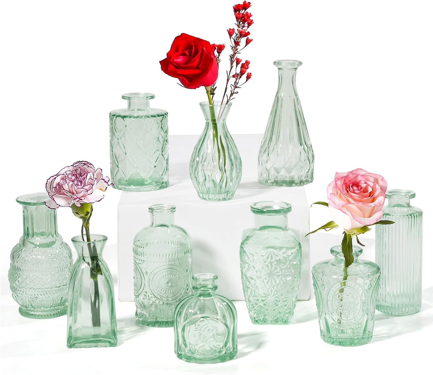 Vintage Small Glass Vases Set of 10,Mini Bud Vases for Flowers,Amber Glass Vases for Centerpieces,Wedding Decorations,Home Table Flower Decor(Sage Green)