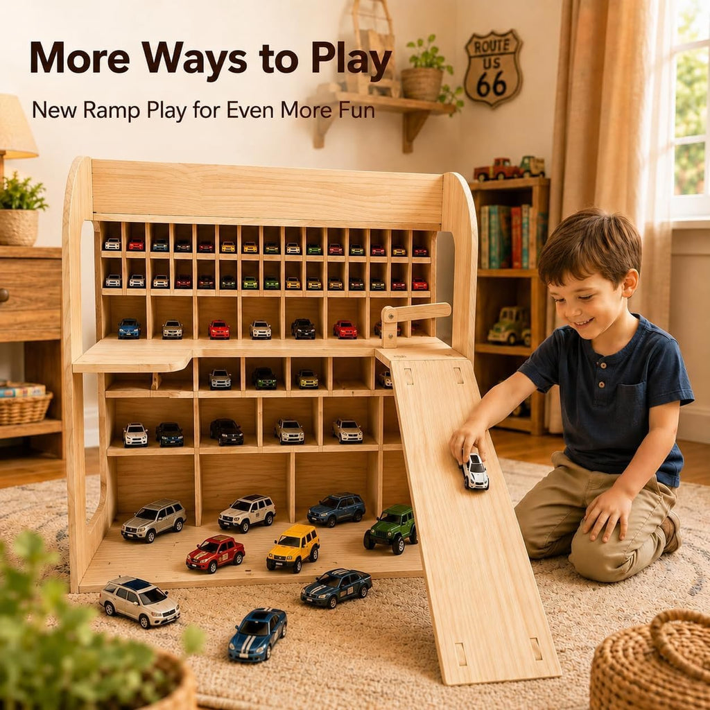 Wooden Toy Car Garage, Pine Wood Parking Garage with Ramp, Kids Vehicle Storage Organizer, Multi-Level Display Shelf for Playroom, Gift for Boys and Girls