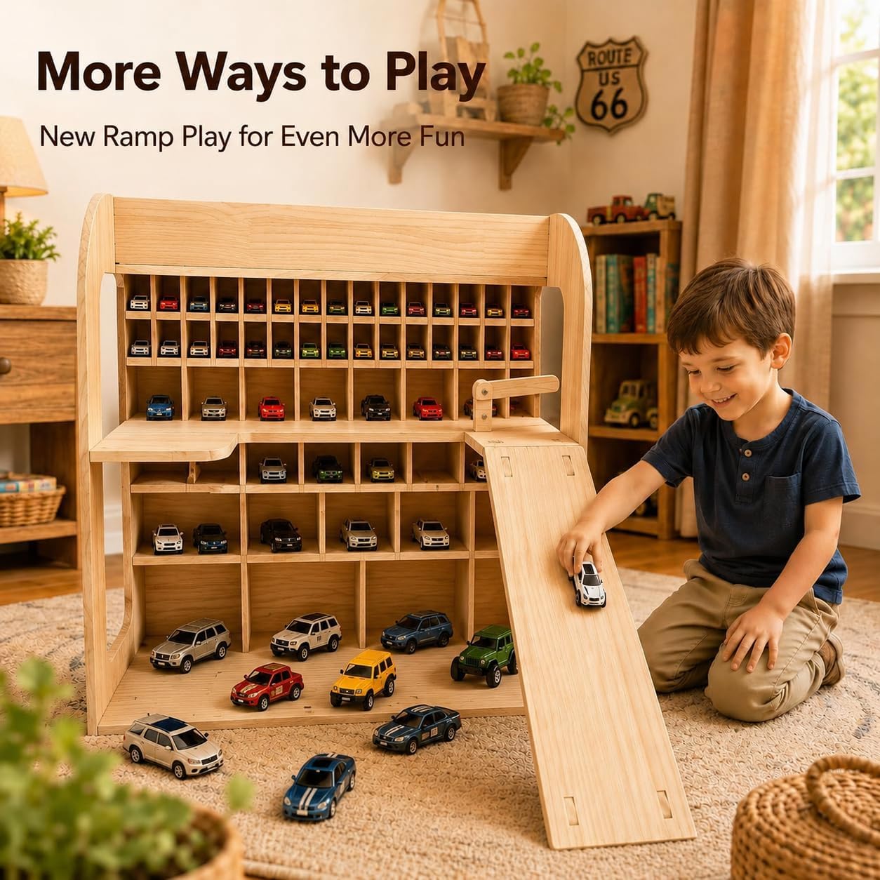Wooden Toy Car Garage, Pine Wood Parking Garage with Ramp, Kids Vehicle Storage Organizer, Multi-Level Display Shelf for Playroom, Gift for Boys and Girls